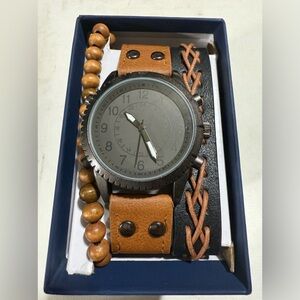 George Tan Leather Watch with Beaded Bracelet